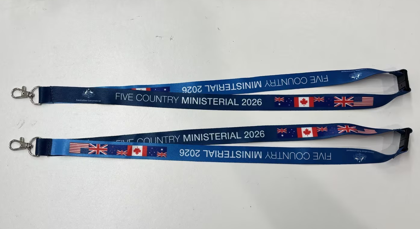 two blue lanyards with logo