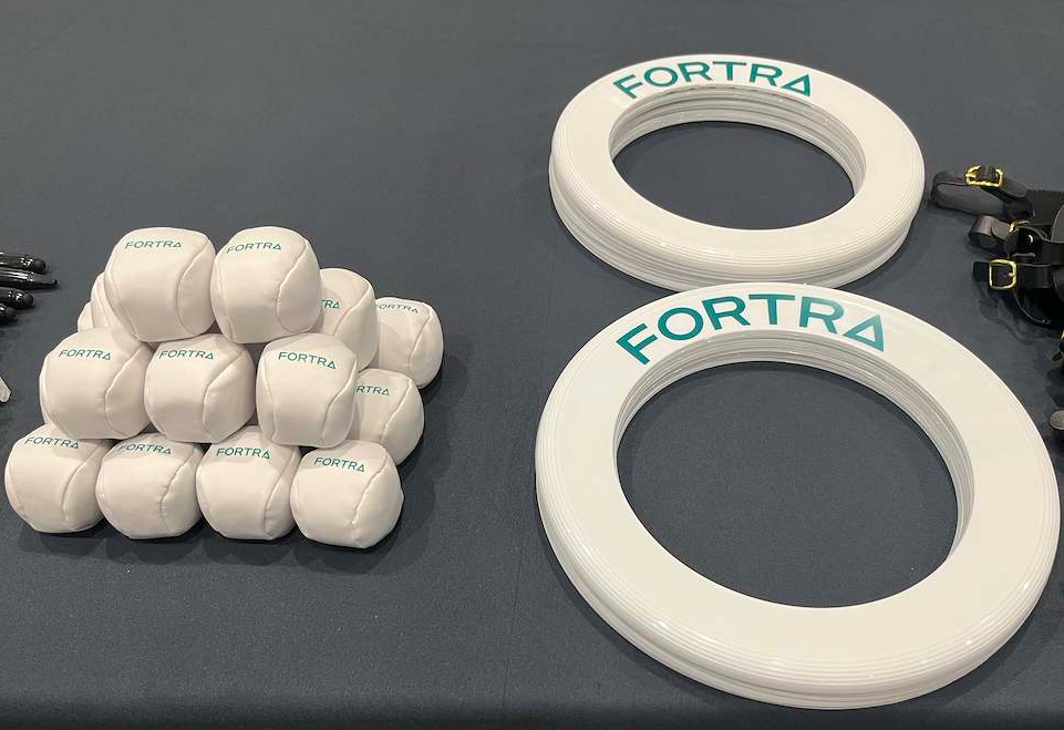fribees and hacky sacks with fortra logo customised
