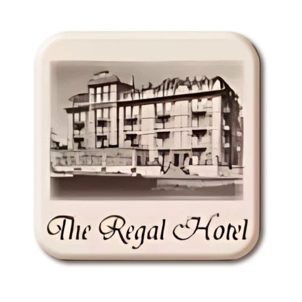 A stylized image of the vintage The Regal Hotel adorns a box of 100mm x 100mm x 6mm square chocolates, capturing nostalgia and elegance with its early 20th-century architecture and balconies.