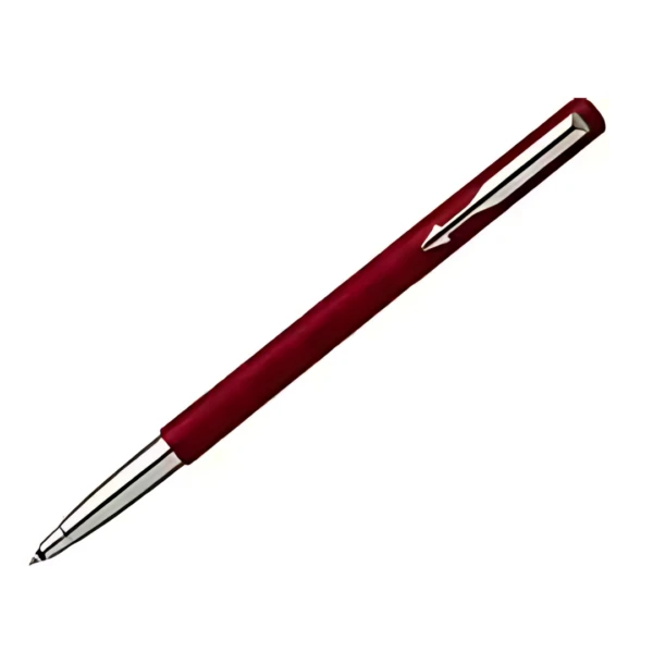 A red and silver Parker Vector Series pen with a clip lies diagonally on a white background.