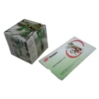 A transparent Paper Pop Up Cube Fab Mailer with an abstract design sits beside a rectangular package featuring robotic arm illustrations, labeled Monahart with a website URL.