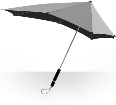 A modern gray umbrella with a black handle, photographed against a white background.