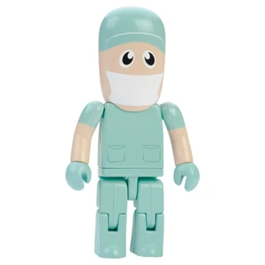 Toy figure of a person in teal scrubs, mask, and cap, resembling a medical professional.