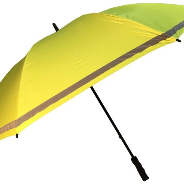 A large yellow umbrella with a black handle and a green section on one side.