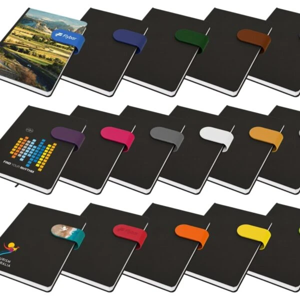 Colorful notebooks with straps and logos, displayed in rows.