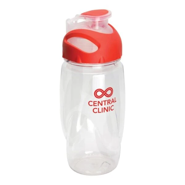 Clear plastic water bottle with a red lid and Central Clinic logo on the front.