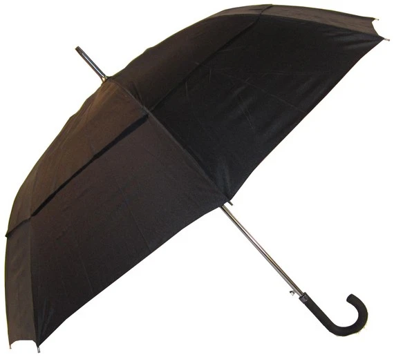Black umbrella with a curved handle, opened and angled to the side.
