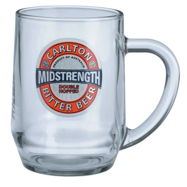 A clear beer mug with Carlton Midstrength Bitter Beer logo on the front.