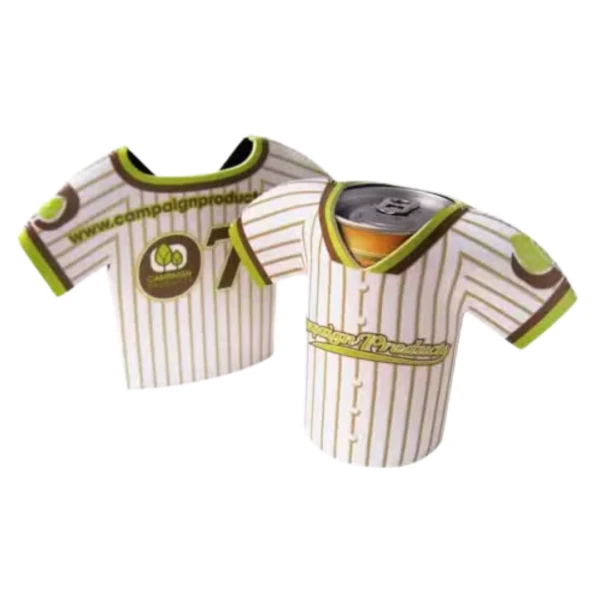 Two Baseball Coolers with green and yellow stripes hold each can in jersey-style.