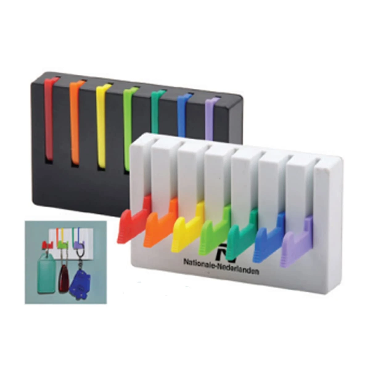Black and white key holders with colorful hooks and an example usage.||Colorful wall hooks in a black and white base