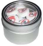 Silver tin with a clear lid, showing round white mints with red and blue logos inside.