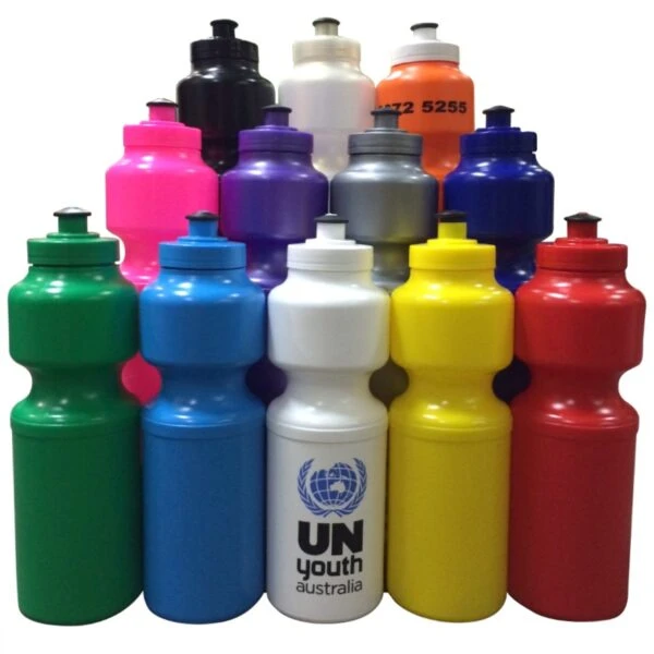Thirteen colorful plastic water bottles, including one with UN Youth Australia printed on it.