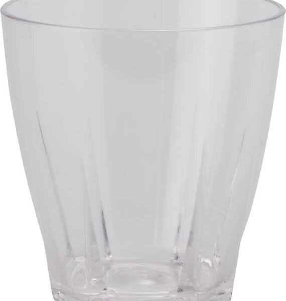 A clear, empty glass tumbler on a plain white background.