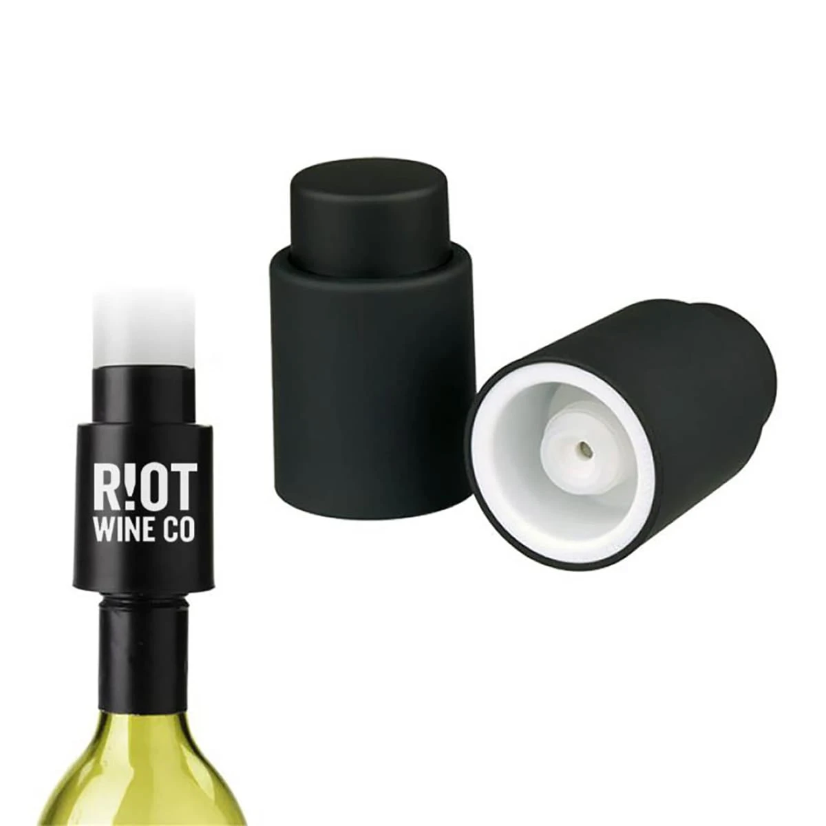 Black wine bottle stoppers, one on a bottle, one upright, and one showing the inside.