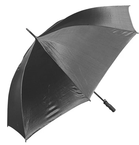 A large, open black umbrella with a curved handle—one of our best selling products.