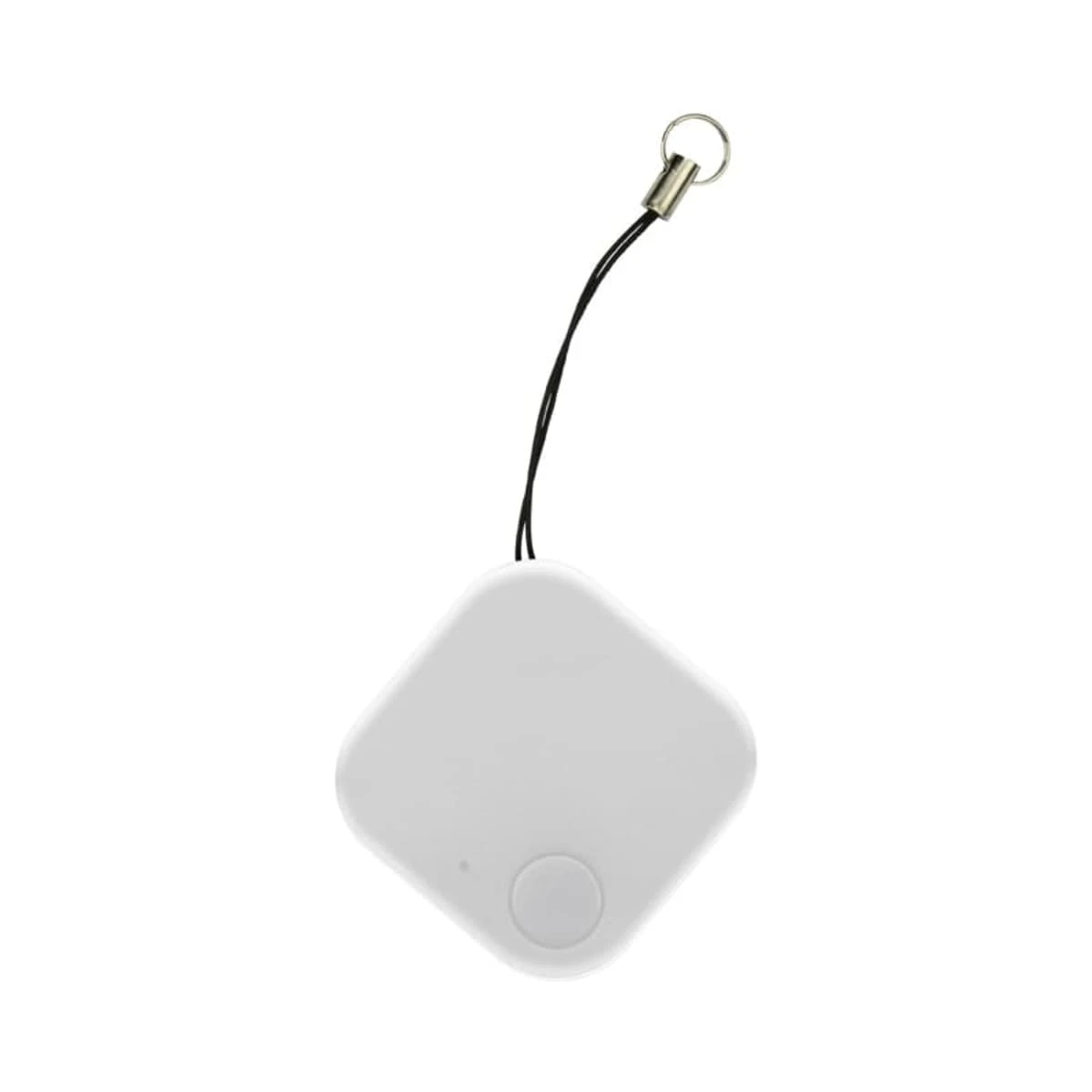 Small white square tracking device with a button and a black loop keychain attachment.