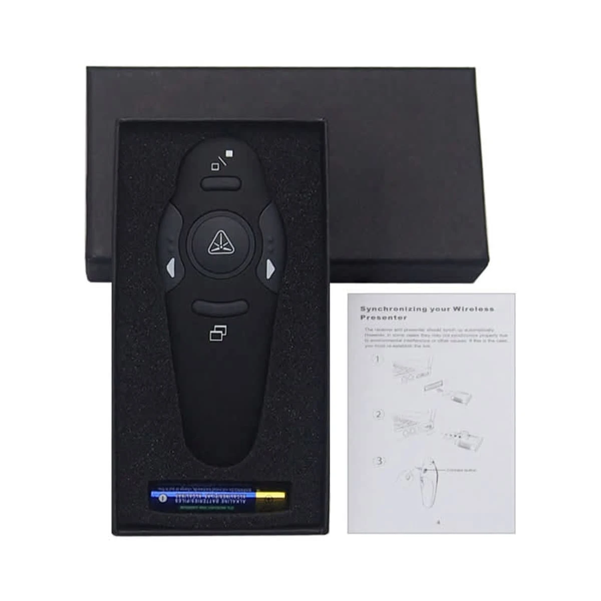 Black wireless presenter, battery, and instructions in a black foam case with lid beside it.