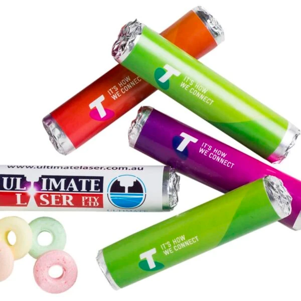Five wrapped candy rolls with Its how we connect and four pastel-colored candy rings.