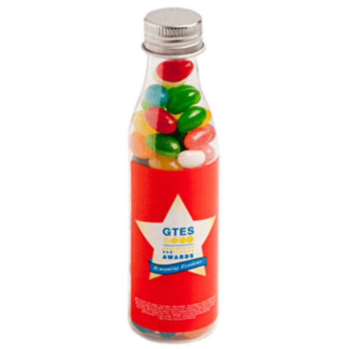 cc057a A clear bottle filled with colorful jellybeans and a red label with a white star.