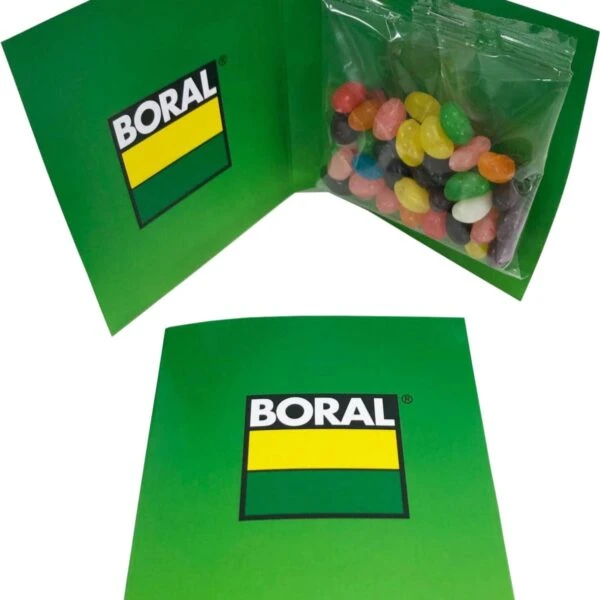 Green Boral-branded card with a packet of colorful jelly beans inside.