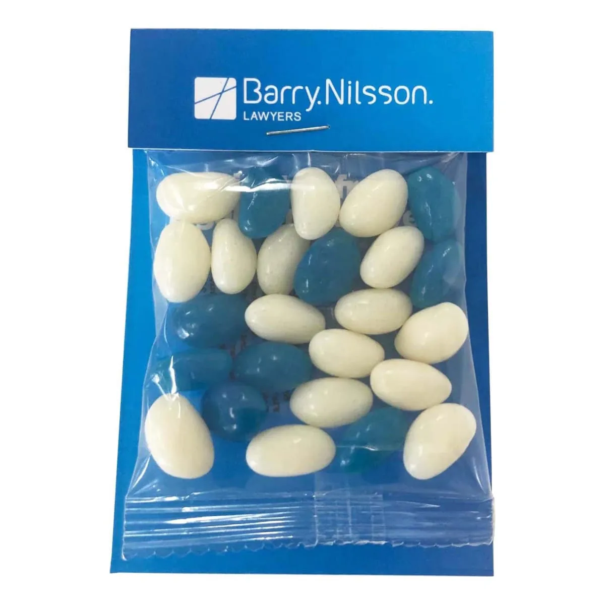 A packet of blue and white jellybeans with a Barry.Nilsson. Lawyers label on top.