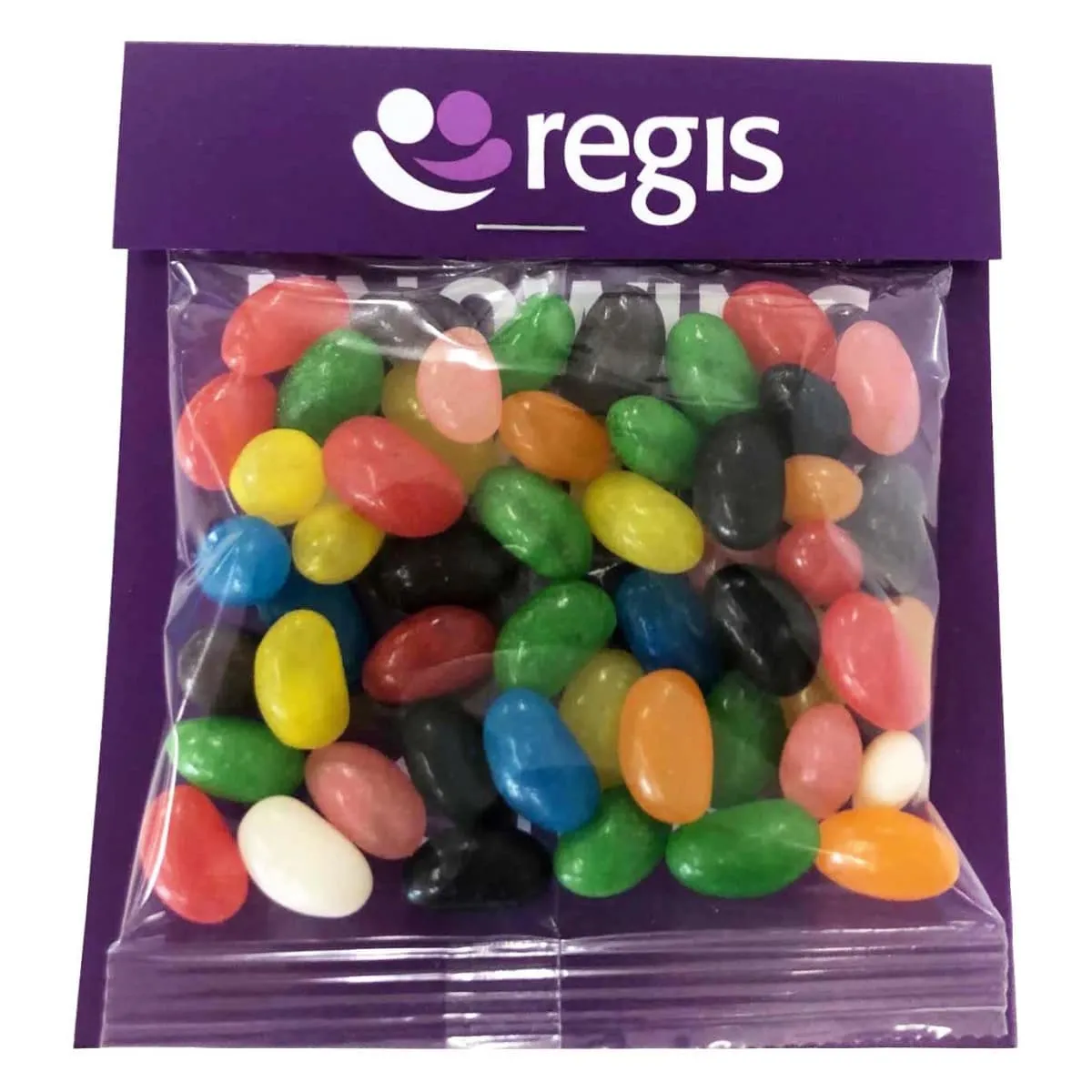 A clear packet of colorful jellybeans with a purple regis label at the top.