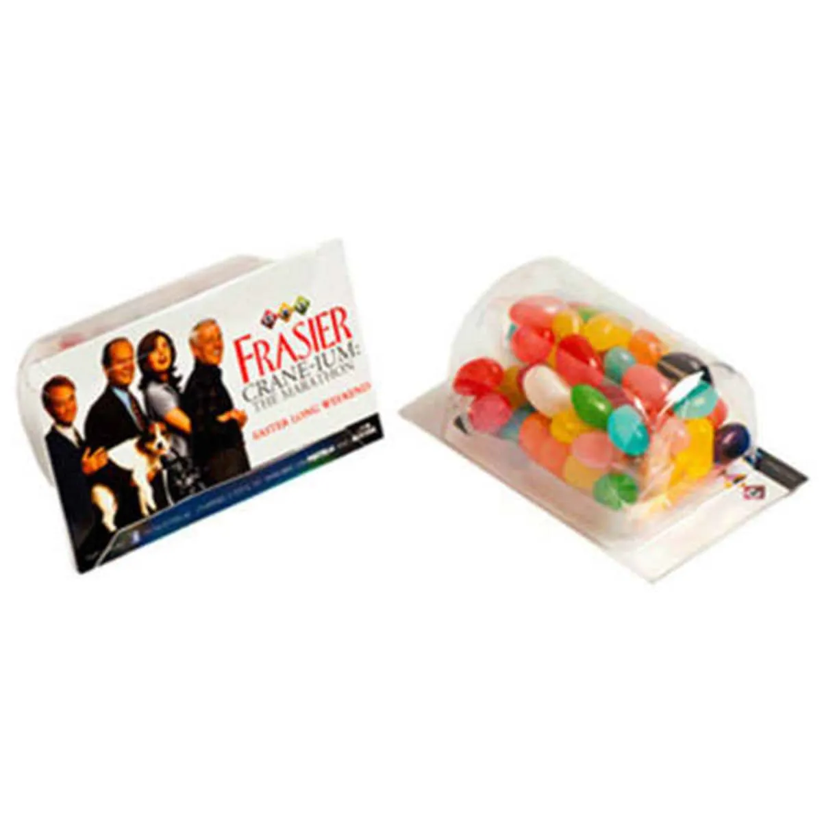 Box of Frasier-themed jelly beans next to a clear container filled with colorful jelly beans.