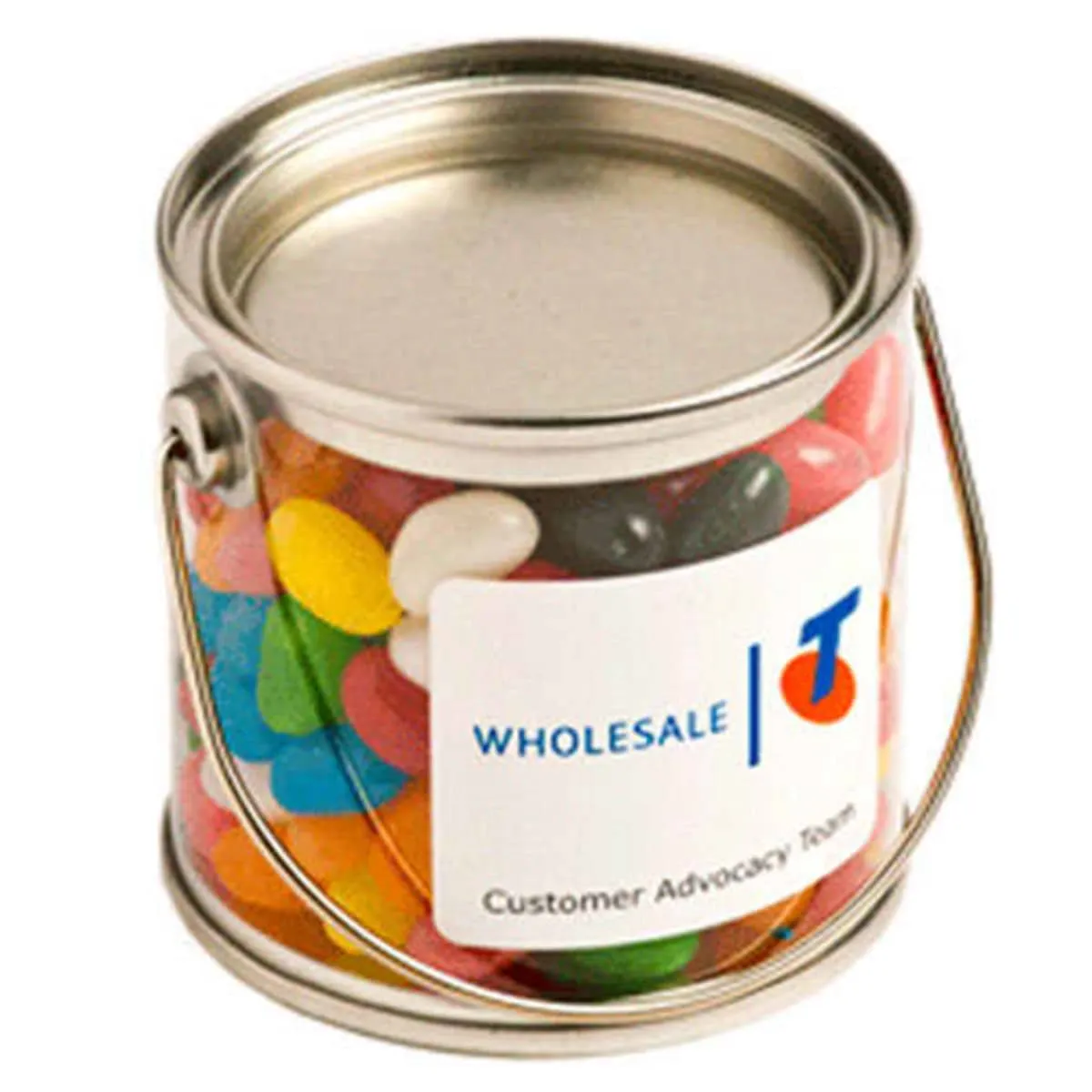 Small clear bucket of colorful jellybeans with a Wholesale Telstra label on the front.