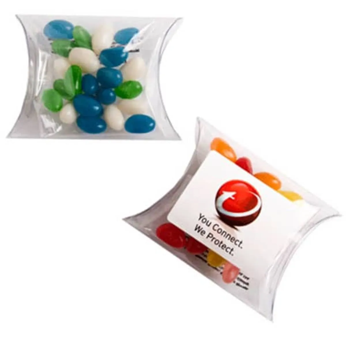 Clear pillow packs filled with colorful jelly beans, one shown with a branded label.