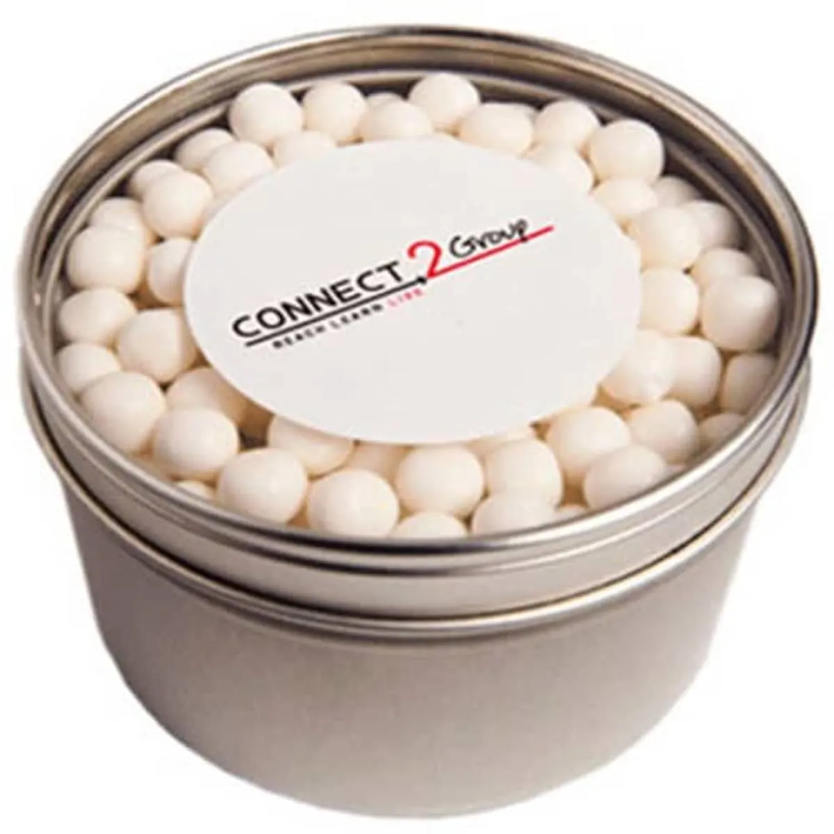 Round metal tin filled with white mints, labeled CONNECT 2 Group on the lid.