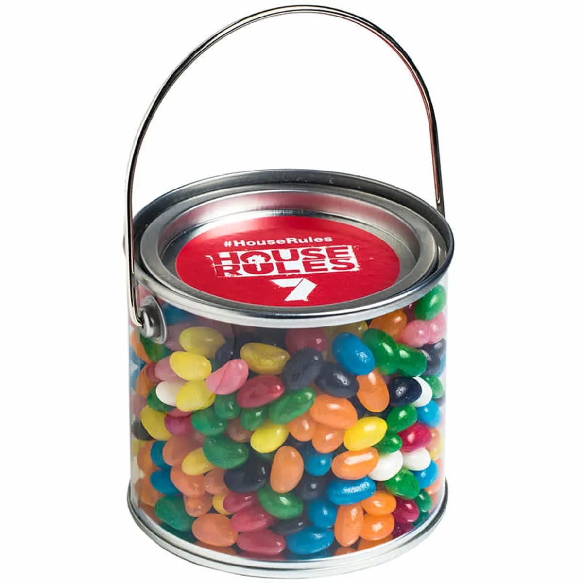 A clear pail filled with colorful jelly beans and a metal handle.
