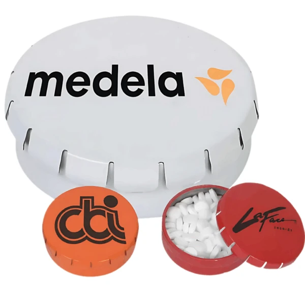 Classic Mints in Branded Tins—three tins with unique logos, one open to reveal the mints.