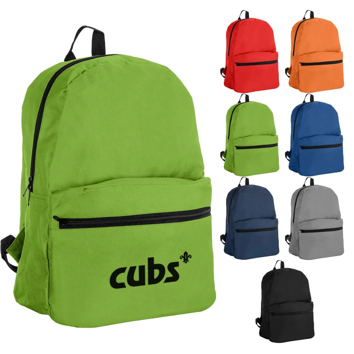 Nine backpacks in different colors, with cubs logo on the front pocket of the green one.