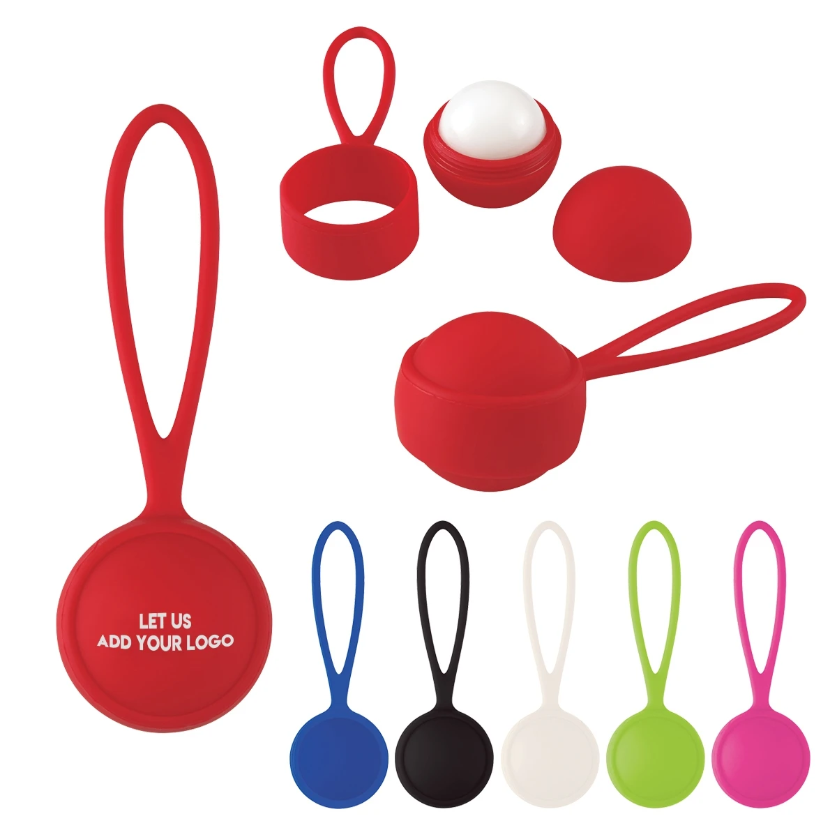 Round silicone holders with handles in various colors, one open to reveal a white ball inside.