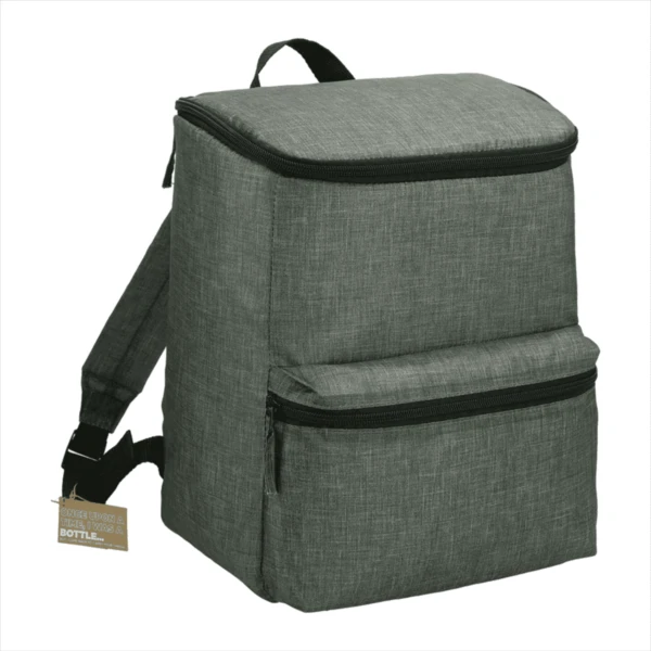 A gray, square-shaped backpack with a front zippered pocket and a top handle. It has two adjustable shoulder straps and a small tag attached, indicating its sustainable and made from recycled materials.