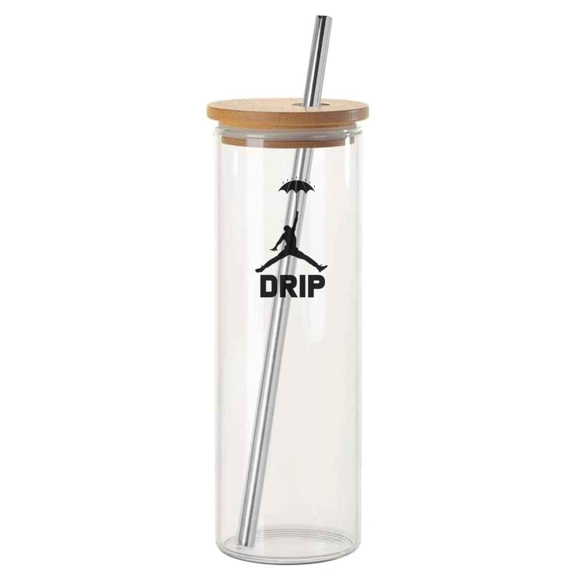 Clear tumbler with straw, wooden lid, and DRIP logo featuring a silhouette holding an umbrella.