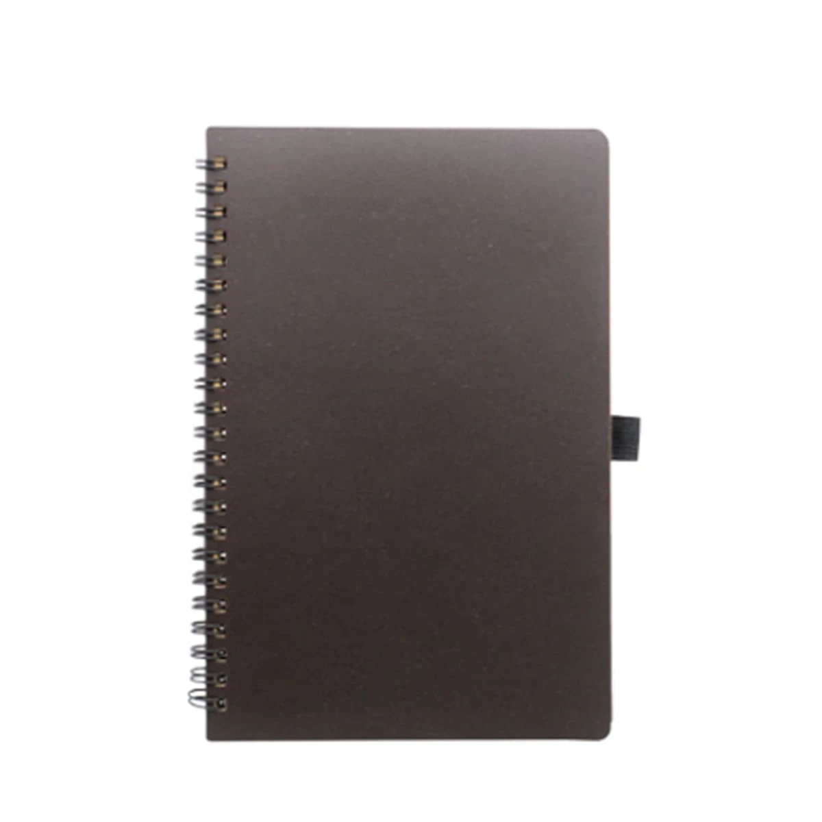 Brown spiral-bound notebook with a black pen holder on a white background.