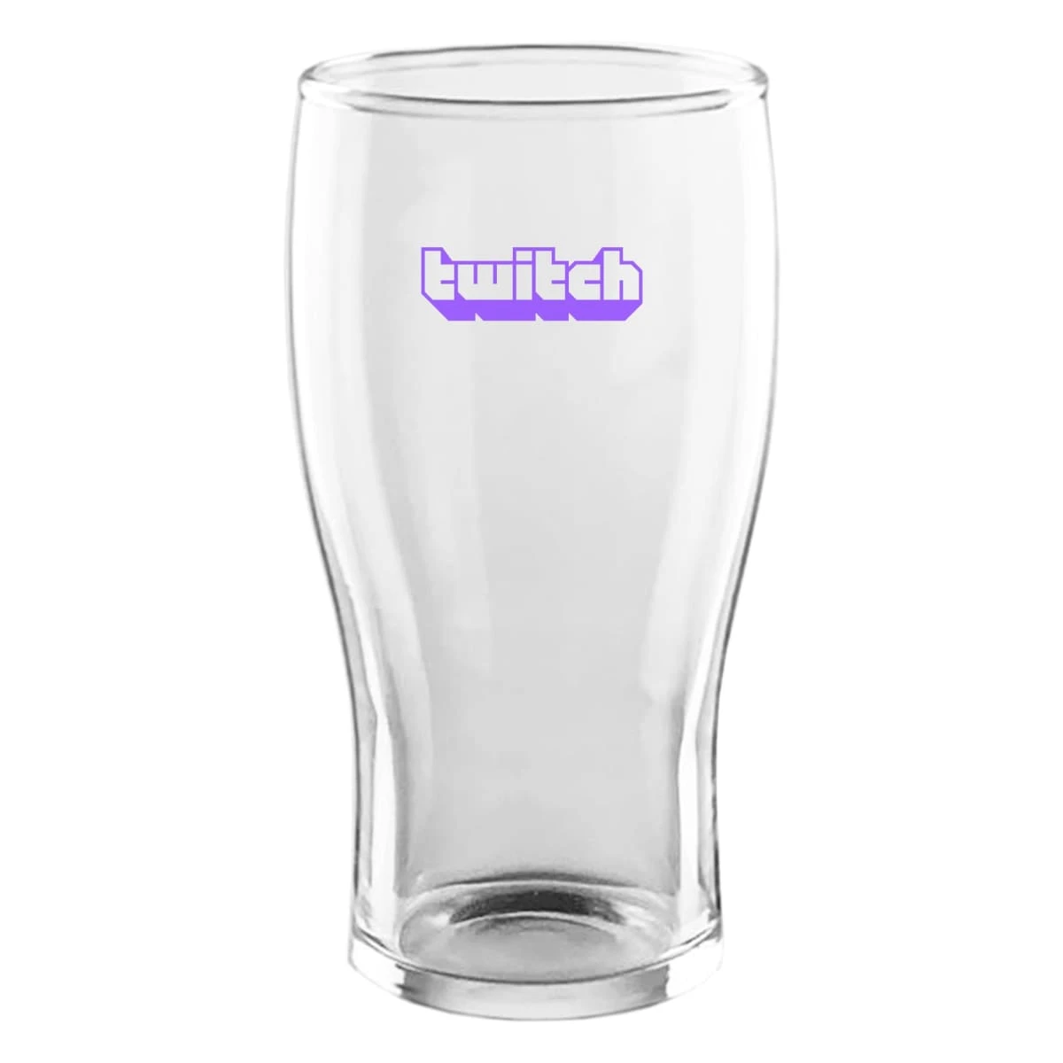 Clear glass with a purple Twitch logo on the front.