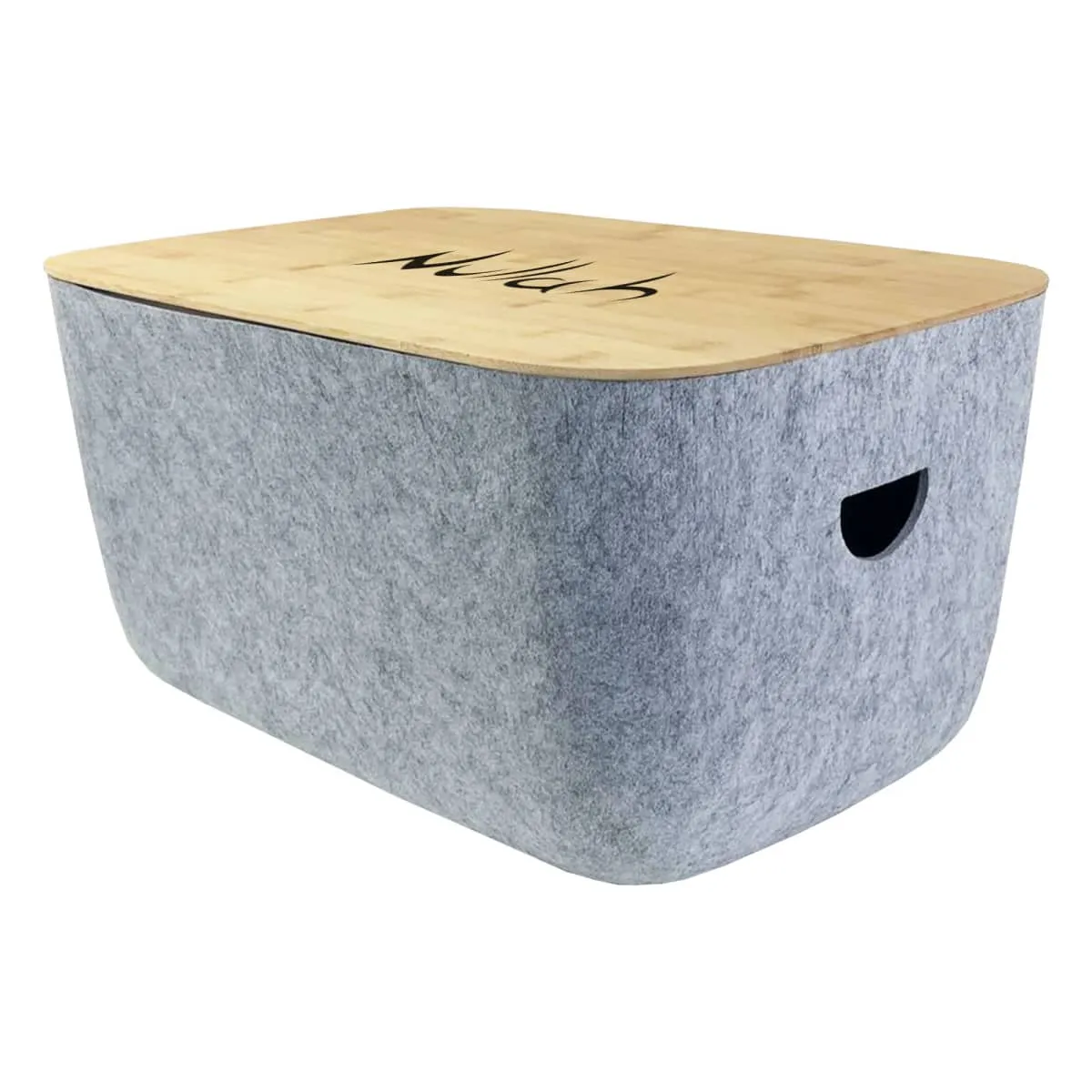 A gray storage box with a wooden lid featuring a handle cutout. The lid is inscribed with black text. The box has a modern, minimalist design.