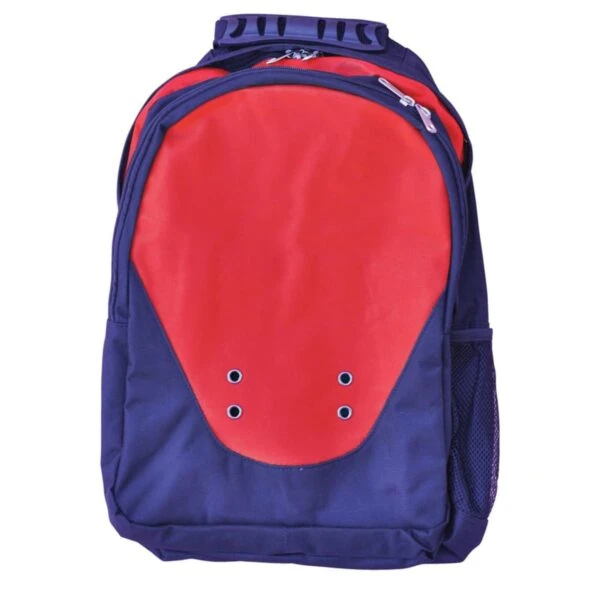A red and navy blue backpack with a simple design. It features a large front red panel with two silver grommets, a top handle, padded shoulder straps, and a mesh side pocket.