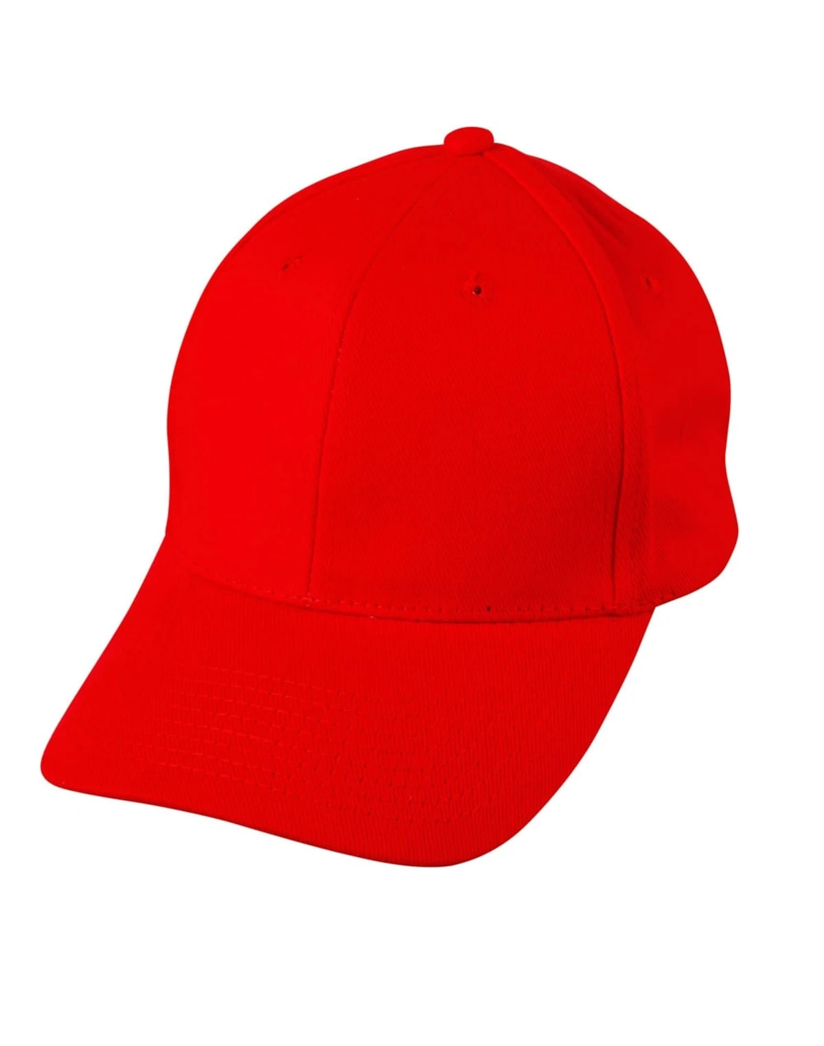 A plain red baseball cap with a curved brim and a dome-shaped crown, isolated on a white background.
