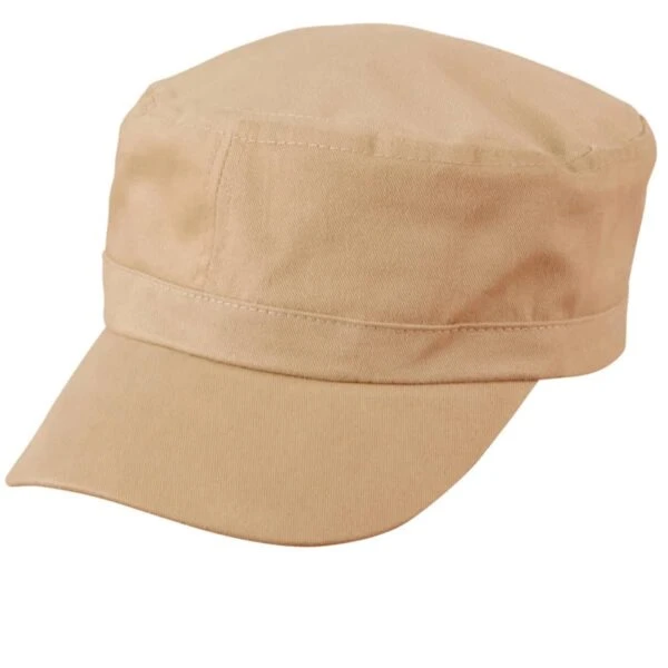 A beige military-style flat cap with a short, firm brim, featuring a simple, unadorned design made of cotton fabric.
