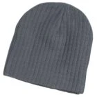 Gray ribbed knit beanie hat, designed for warmth and style, displayed against a plain white background.
