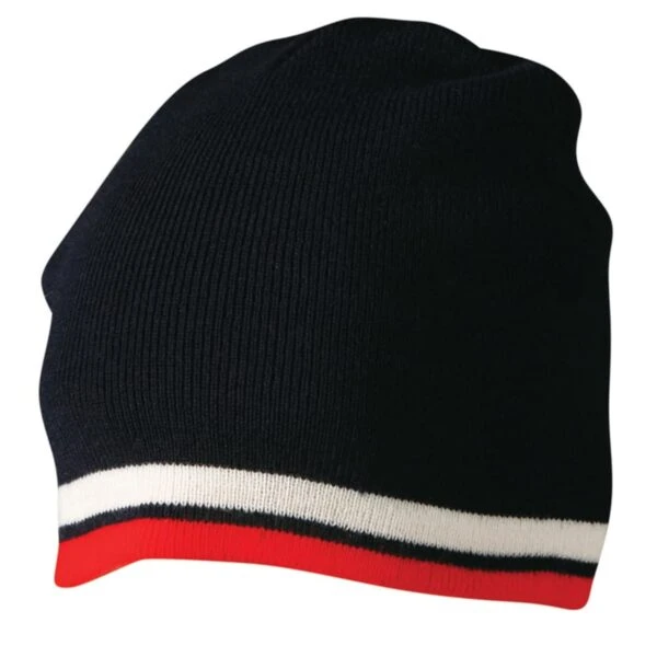 A black knit beanie with white and red stripes along the bottom edge.
