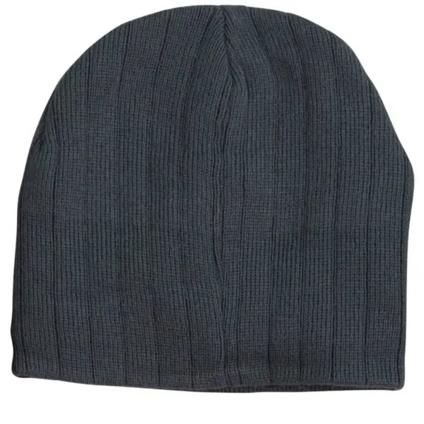 Dark gray ribbed knit beanie hat on a white background.