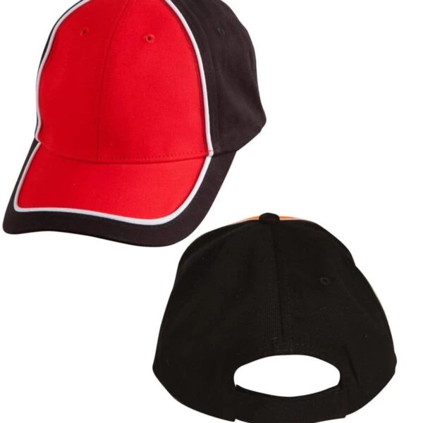 Two views of a baseball cap: the front shows a red panel with black sides and a white trim, while the back view reveals an adjustable strap and a predominantly black color.