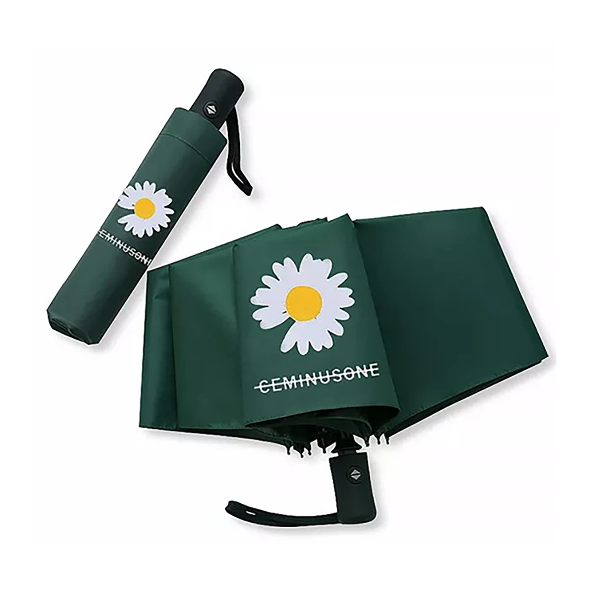 Two green Full Colour Trek Umbrellas with daisy designs; one folded, one half-open.