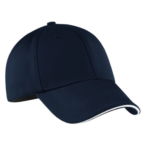 Navy Nike Dri-Fit Mesh Swoosh Flex Sandwich Cap with curved brim and white trim.