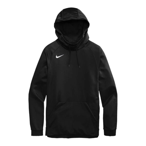 Black Nike Therma-Fit Pullover Fleece Hoodie with white chest swoosh and front pocket.
