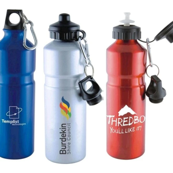 Three colorful metal water bottles with different logos and carabiners attached to the lids.